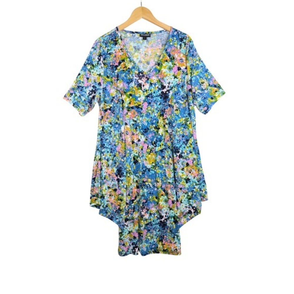 Nina Leonard Floral Dress Women's 3X Blue Pink Short Sleeve Stretch Midi